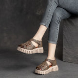 Summer Top Layer Cowhide Platform Closed Toe Roman Sandals Handmade Genuine Leather Casual Retro Buckle MartLion   