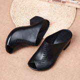 Women Soft Leather Outer Slippers Thick-heeled Fish Mouth Versatile Mid-heeled Sandals Handmade Shoes Mart Lion   