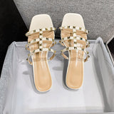 Summer Slides Women Rivets Slippers Open Toe Shoes Flats Sandals Outdoor Footwear Summer Cute Sandals Mart Lion Beige 35 