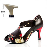 Printed Latin Dance Shoes for Women Adult High-heeled Indoor Ballroom Soft-soled Social Summer Hollow Out Sandals MartLion Printing heel 5cm 34 