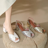 Summer Women Shoes Square Toe Thin Heel Sandals Cow Leather High Heels Solid Party Lattice Cloth MartLion   