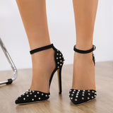 Liyke Pointed Toe Woman Pumps Sandals Rivet Design Slingback High Heels Buckle Strap Summer Party Prom Shoes Black Mart Lion   