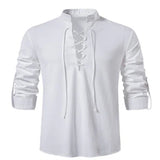 Men's V-neck shirt T-shirt Vintage Thin Long Sleeve Top Casual Breathable Viking Front Lace Up Mart Lion   