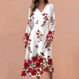 Casual Dresses Unique Mid-Calf Dresses For Women's V-Neck Long Sleeves Printed Frocks MartLion Red L CHINA