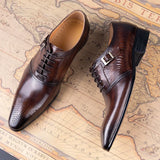 Men's Genuine Leather Social Oxford Elegant Dress Shoes Hand Lace-up Pointed Party Wedding Black Coffee MartLion   