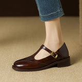 Spring Genuine Leather Women Pumps Shoes Round Toe Chunky Heel Retro Mary Janes Block Leather Shoes Shallow MartLion   