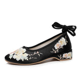 Satin Fabric Embroidered Women Ankle Strap Ballet Flats Vegan Elegant Ladies Walking Shoes Black White Gray MartLion Black 7.5 CHINA