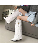  Denim Workwear Pocket Trouser Legs Show Large Knee Length Boots Women's Shark Lock Sleeve Skirt MartLion - Mart Lion