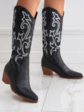 Liyke Autumn Winter Embroidered Western Cowboy Boots Women Leather Pointed Toe Low Hoof Heels Slip On Knee High Shoes Mart Lion   