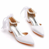 Crystal Queen Women Pumps White Silk Beading Bride Shoes Pointed Toe Buckle Strap Sandals 4CM Thick High Heels MartLion   