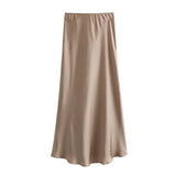 Women's Flowing Satin Midi Skirt Women Vintage Elastic  Waist Flared Street Skirt MartLion   