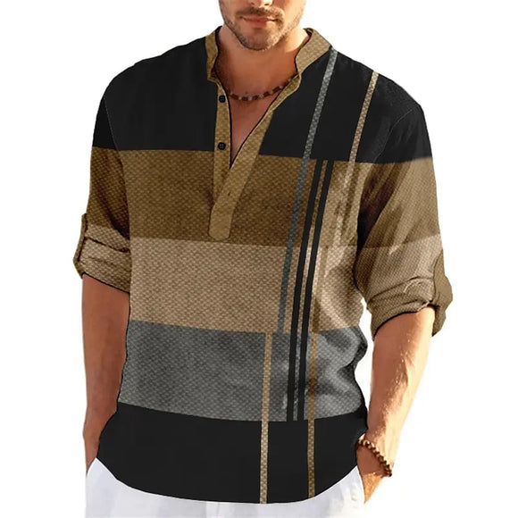 Striped Color Block Henley Shirts Men's Streetwear Stand Collar Long Sleeve Shirt Male Tops Man Clothing MartLion B17SF3G20240313F 2XL 