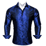 Luxury Blue Shirts Men's Solid Satin Embroidered Paisley Flower Long Sleeve Slim Fit Blouses Casual Lapel Tops Barry Wang MartLion 0602 S 