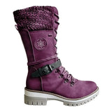 Women Winter Buckle Lace Knitted Mid-calf Boots Low Heel Round Toe Boots Top Winter Warm Boots Women Botas MartLion PURPLE 36