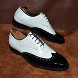 Formal Oxfords Shoes Men's White Black Real Cow Patent Leather Lace-up Wingtip Toe Brogue Wedding Dress Mart Lion   
