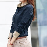 Contrast Patchwork Shirt Tops Long Sleeve Polo Sleeve  Blouse Elegant  Women Clothing MartLion   