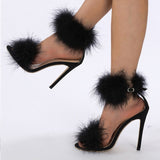 Liyke Summer Faux Fur Ankle Strap Sandals Women Open Toe Fluffy Feather High Heels Party Dress Shoes De Mujer Mart Lion   