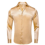 Hi-Tie Plain Satin Silk Men's Dress Shirts Long Sleeve Suit Shirt Casual Formal Blouse Pure Solid Rose Gold Peach Pink Mint White MartLion CY-1512 S 