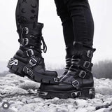 Men's Genuine Leather Motorcycle Boots Gothic Skull Punk Boots Unisex Mid-calf Cowboy Boots Metallic Combat MartLion   