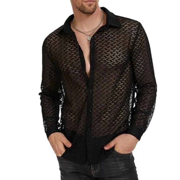 Men's Mesh Transparent Baggy Shirt Top Long-Sleeved V-Neck  Single Breasted Sheer Chiffon Shirt Tops Clothing MartLion White XL CHINA
