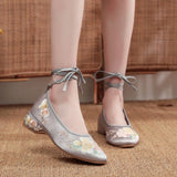 Satin Fabric Embroidered Women Ankle Strap Ballet Flats Vegan Elegant Ladies Walking Shoes Black White Gray MartLion   