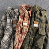 Plaid Woven Corduroy Men Shirts  Cotton  Heavy Washed Workwear Retro Western Style Casual MartLion   