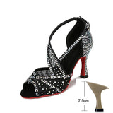 Mesh Breathable Latin Dance Shoes Women's High Heel Diamond Summer Sandals Indoor Soft Bottom Jazz Tango MartLion Black heel 7.5cm 45 