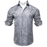 Paisley Floral Men's Shirt Silver White Casual Long Sleeve Social Collar Shirts Brand Button Blouses MartLion   