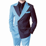 Blue and Striped Men's Suits For Wedding Slim Fit Peak Lapel Blazers Pants 2 Piece Formal Causal Groom Wear Homme MartLion blue XS (EU44 or US34) 