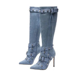 Slim High Heeled Motorcycle Boots for Women Versatile Rivet Style MartLion Red 44 