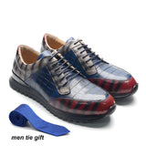 Luxury Brand Designer Men's Sneakers Derby Shoes Cow Genuine Leather Lace Up Crocodile Print Casual Outdooer Shoes MartLion Blue EUR 38 