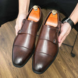 Formal Shoes Men's Solid Color Block Hollow Carved Trendy Double Buckle Pointed Leather MartLion   