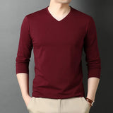 Cotton T-Shirt Men's Plain Solid Color V Neck Long Sleeve Tops Casual Clothing MartLion Burgundy XXL 