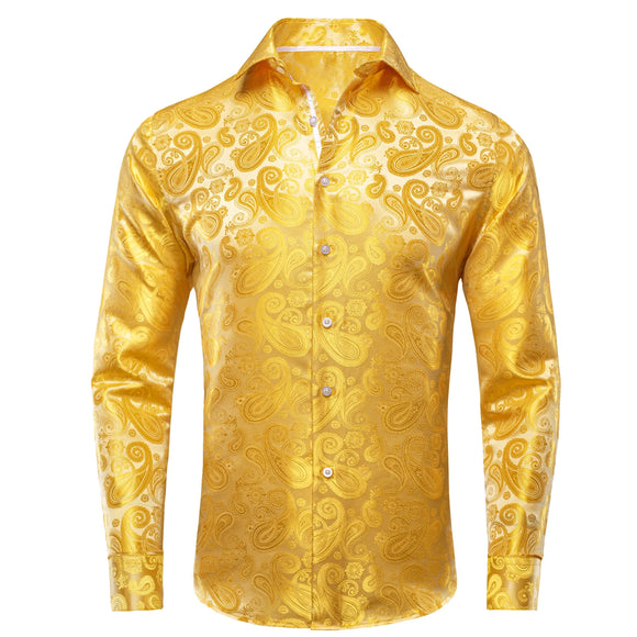Hi-Tie Jacquard Silk Men's Shirts Lapel Long Sleeve Wedding Shirt Cowboy Blue Gold Green Red White Black MartLion   