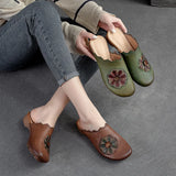 Natural Genuine Leather Ethnic Round Toe Appliques Flower Sandals Flats Summer Slippers Women Rubber Shoes MartLion   