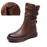 Ankle Boots Cow Leather Motorcycle Platform Wedge Winter Plush Knee High Women Shoes MartLion