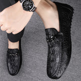 Handmade Shoes Genuine Leather Black Formal Casual Loafers Men's Crocodile Pattern Check Moccasins MartLion   