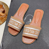 Slippers for Women Wearing on The Outside Round Toe Flat Bottomed Embroidered Letter One Line Beach Sandals for Summer MartLion Brown 37 