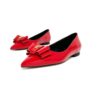 Elegant and High Heel Women's Shoes Genuine Leather Shallow Mouth Bow Flat Office MartLion Red 35 CHINA