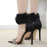 Liyke Black Fluffy Feather Sandals Women Crystal Pointed Open Toe Banquet High Heels Shoes Mart Lion   