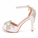 Women Wedding Shoes Bride Sandals White Rhinestones Silver Platform Dress Thin High Heels Ladies Pumps MartLion   