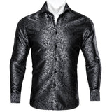 Barry Wang Luxury Black Paisley Silk Shirts Men's Long Sleeve Casual Flower Silver Shirts Designer Fit Dress MartLion CY-0062 S 