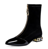 Women Pointed Toe Ankle Boots Autumn Winter Chunky Heels Rhinestones Med Heels Short Flock MartLion Black 41 