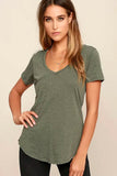 Summer Casual Cotton Tee Tops Female Stretch Women Solid T-shirts V Neck Short Sleeve MartLion army green XXXL 