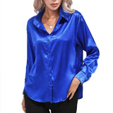 Women Shirts Silk Solid Plain Purple Green White Black Red Blue Pink Yellow Gold Blouses Long Sleeve Tops Barry Wang MartLion 539 S 