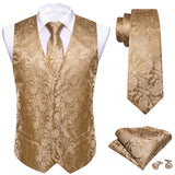 4PC Men's Extra Silk Vest Party Wedding Gold Paisley Solid Floral Waistcoat Vest Pocket Square Tie Suit Set Barry Wang Mart Lion BM-2023 L 