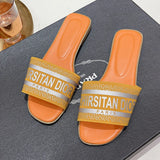 Slippers for Women Wearing on The Outside Round Toe Flat Bottomed Embroidered Letter One Line Beach Sandals for Summer MartLion Orange 40 