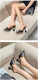 Liyke Pointed Toe 11CM Strange High Heels Slippers Women Crystal Bowknot Satin Summer Sandal Shoes Mule Slides Mart Lion   