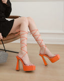 Liyke Ankle Strap Sandals Women PVC Transparent Open Toe Lace-Up 15CM High Heels Platform Chunky Party Dress Shoes Orange Mart Lion   