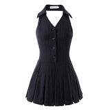 Summer Women Mini Halter Party Pleated Dress A-line Backless Black Striped V Neck Frocks Y2k Streetwear Prom MartLion   